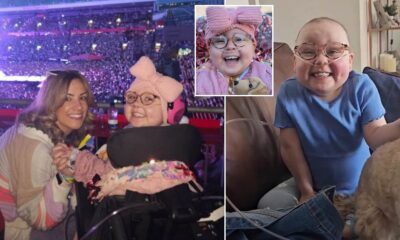 Adorable moment girl, 7, who beat cancer and is now in need of a lung transplant finds out she is going to Taylor Swift's Eras Tour on its 100th show